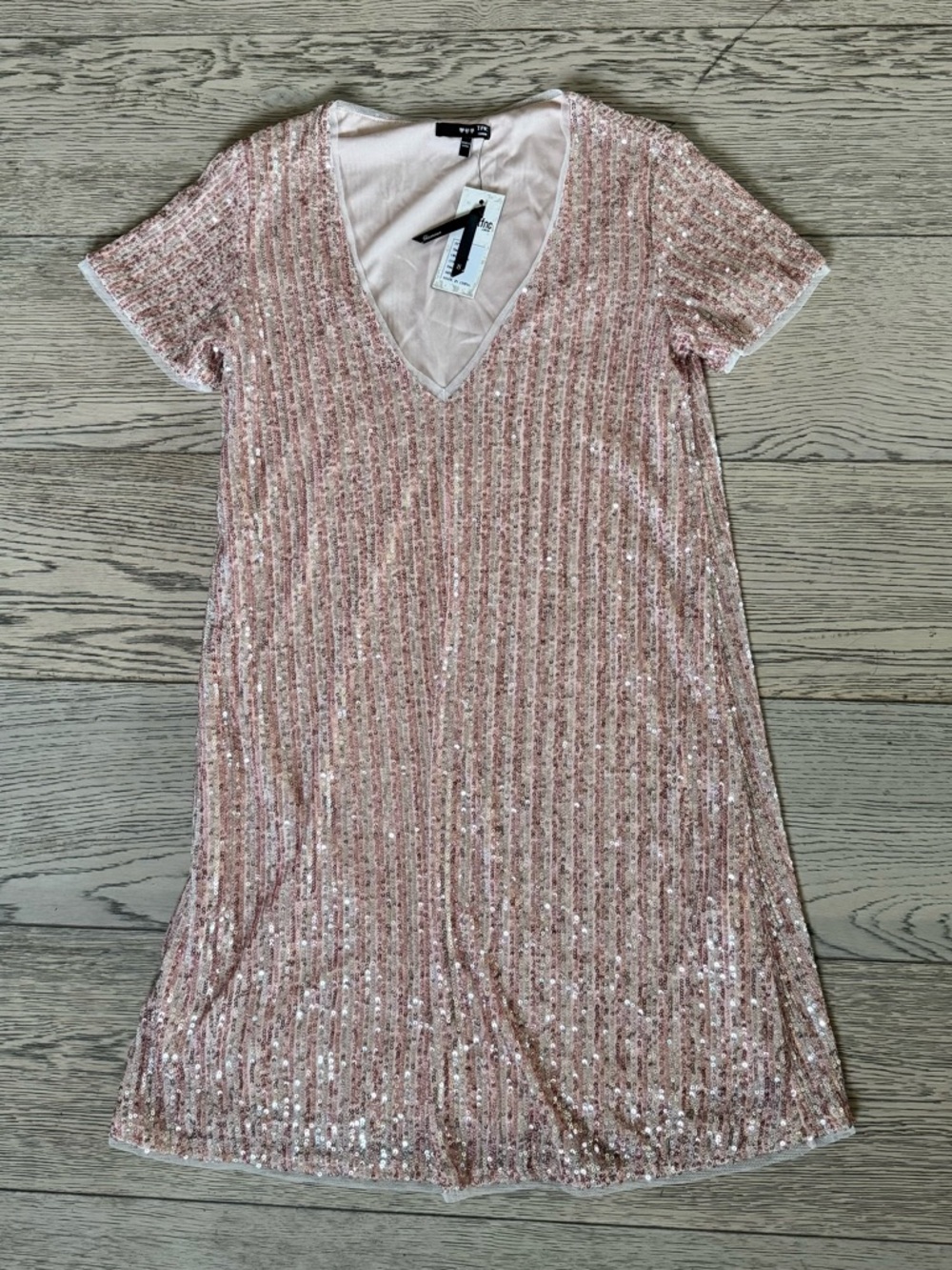 Sequin V-Neck Mini Dress - Light Pink and Silver